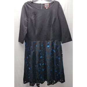FOCUS BY SHANI Dress Sz 16 Blk Blue Women's Laser Cut Fit & Flare Midi Floral